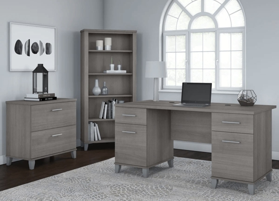 Office desk with 2 file drawers and 5 shelf bookcase space view platinum gray Office desk with 2 file drawers and 5 shelf bookcase space view platinum gray