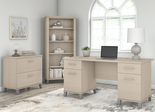Office desk with 2 file drawers and 5 shelf bookcase space view sand oak Office desk with 2 file drawers and 5 shelf bookcase space view sand oak