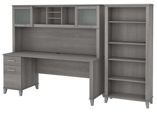 Office desk with hutch and 5 shelf bookcase highlight view platinum gray 1
