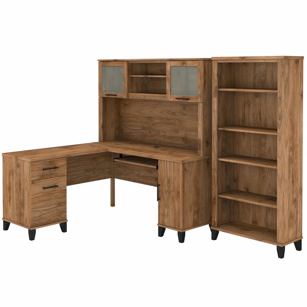 L shaped computer desk with 5 shelf bookcase 60 W highlight fresh walnut