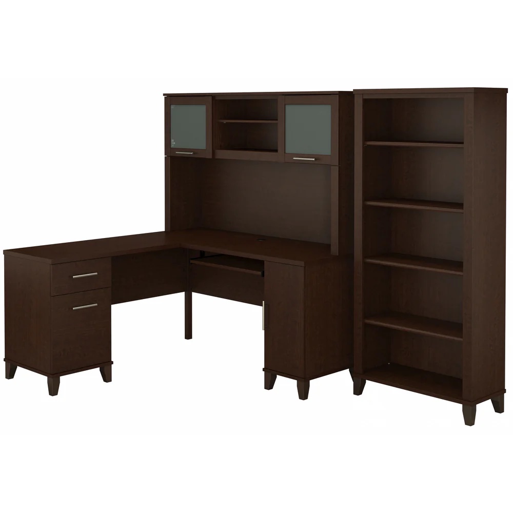 L shaped computer desk with 5 shelf bookcase 60 W highlight mocha cherry