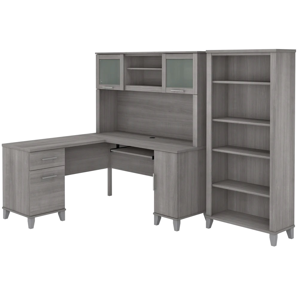 L shaped computer desk with 5 shelf bookcase 60 W highlight platinum gray