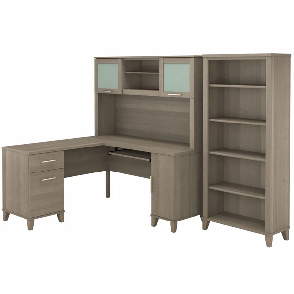 L shaped computer desk with 5 shelf bookcase 60W highlight fresh walnut