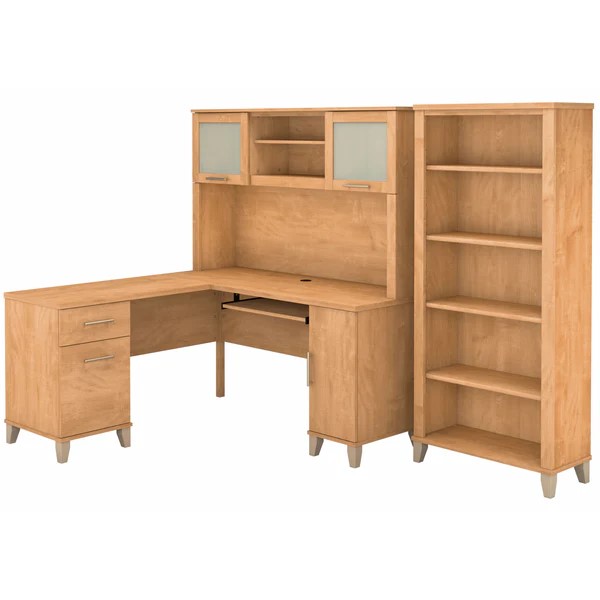 L shaped computer desk with 5 shelf bookcase 60W highlight maple cross