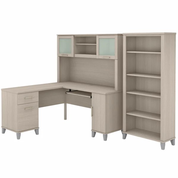 L shaped computer desk with 5 shelf bookcase 60W highlight sand oak