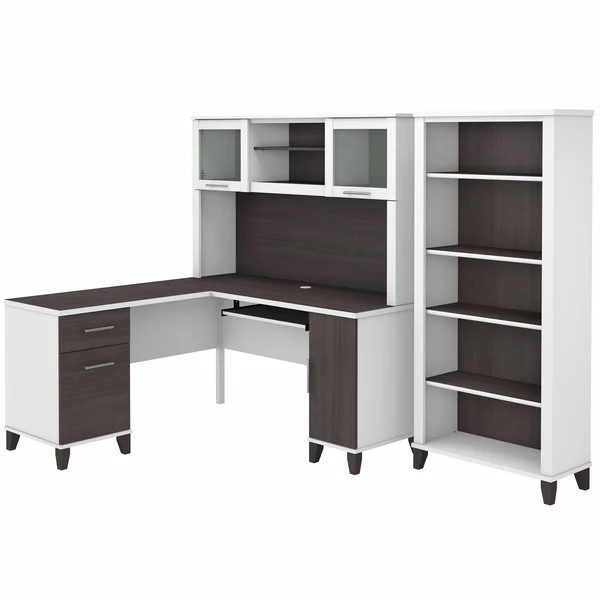 L shaped computer desk with 5 shelf bookcase 60W highlight storm gray white