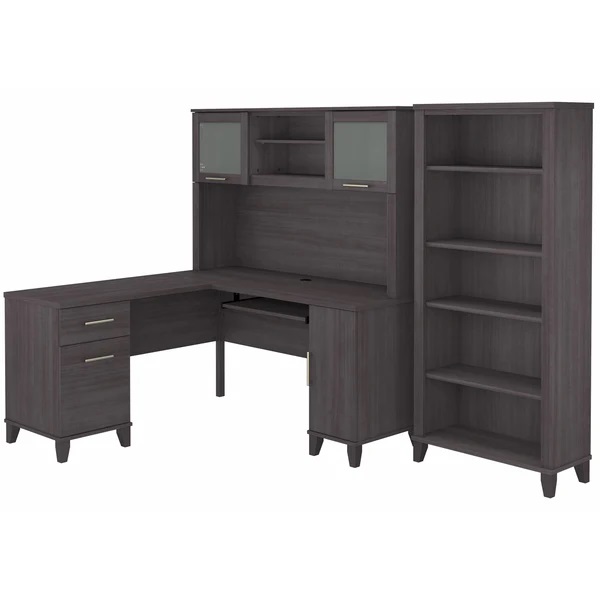 L shaped computer desk with 5 shelf bookcase 60W highlight storm gray