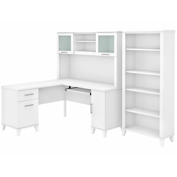 L shaped computer desk with 5 shelf bookcase 60W highlight white