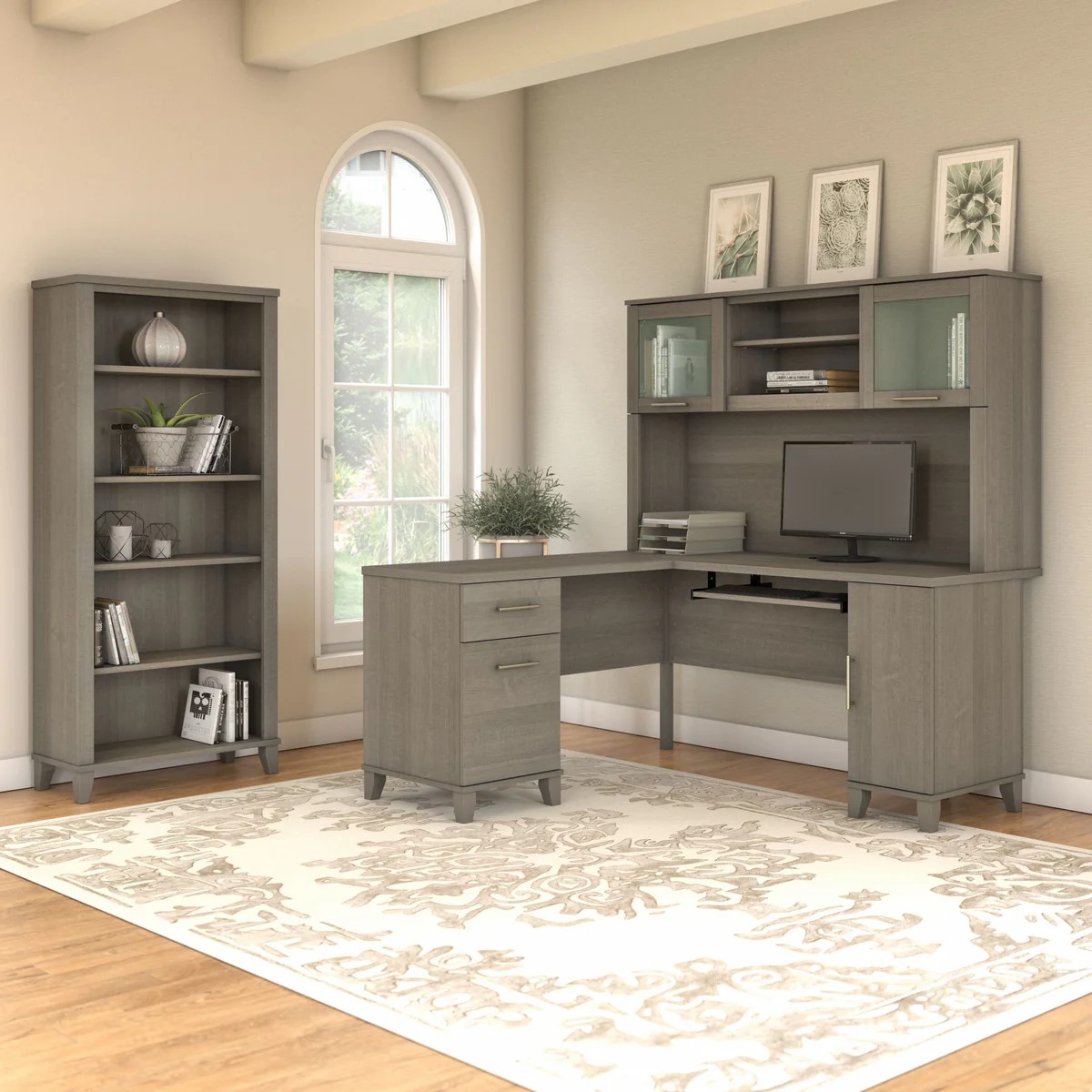 L shaped computer desk with 5 shelf bookcase 60W space view ash gray