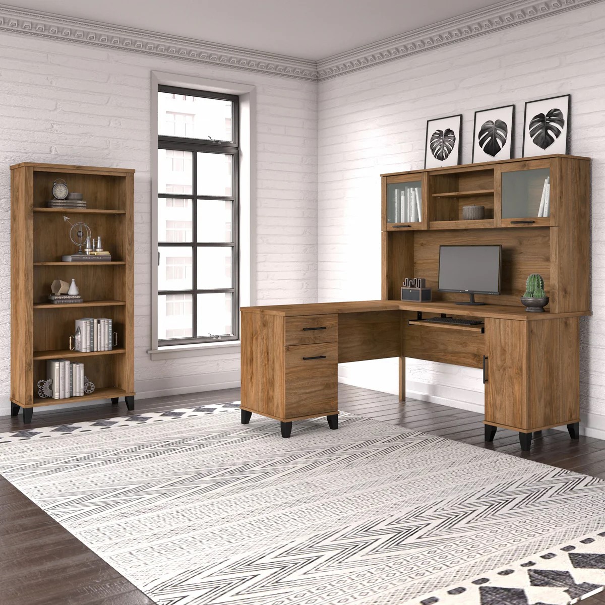 L shaped computer desk with 5 shelf bookcase 60W space view fresh walnut