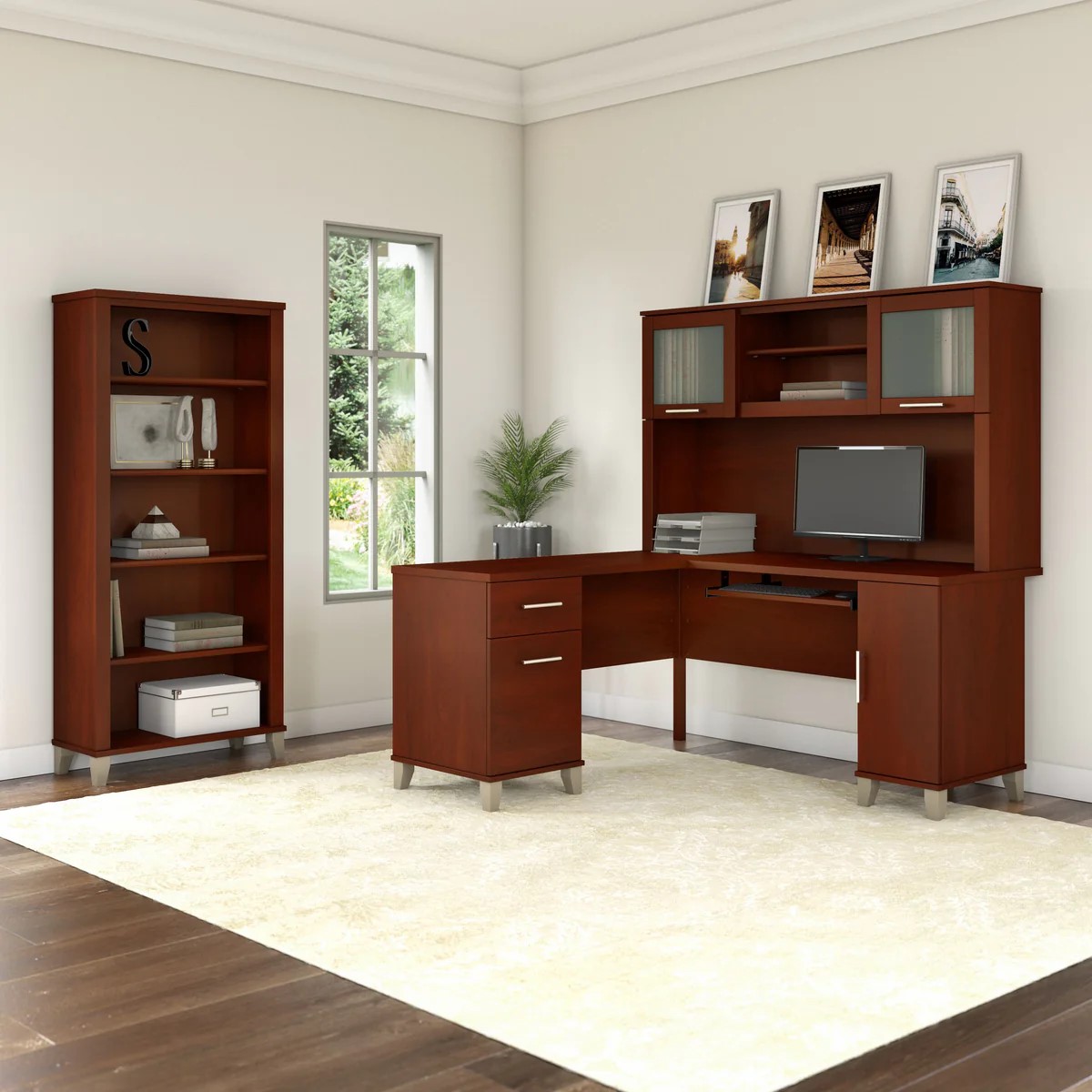 L shaped computer desk with 5 shelf bookcase 60W space view hansen cherry