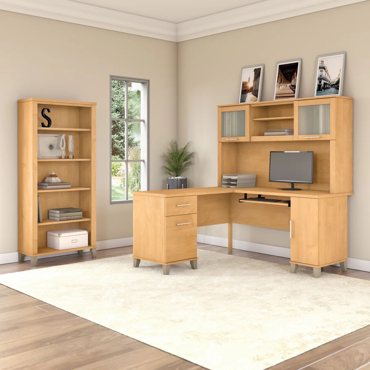 L shaped computer desk with 5 shelf bookcase 60W space view maple cross