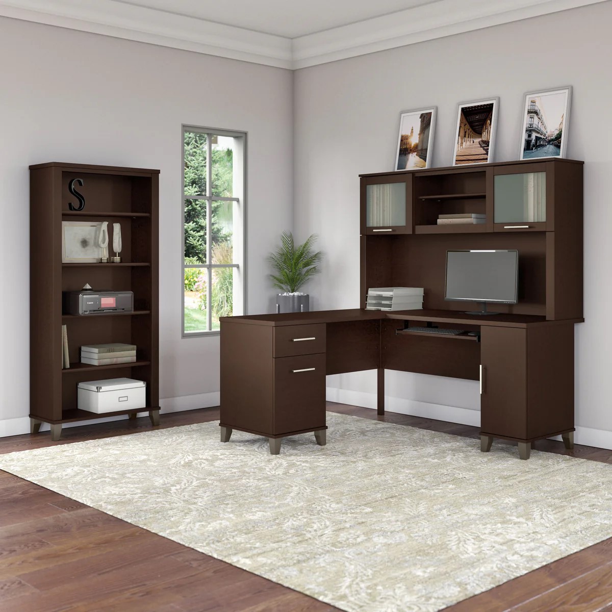 L shaped computer desk with 5 shelf bookcase 60W space view mocha cherry