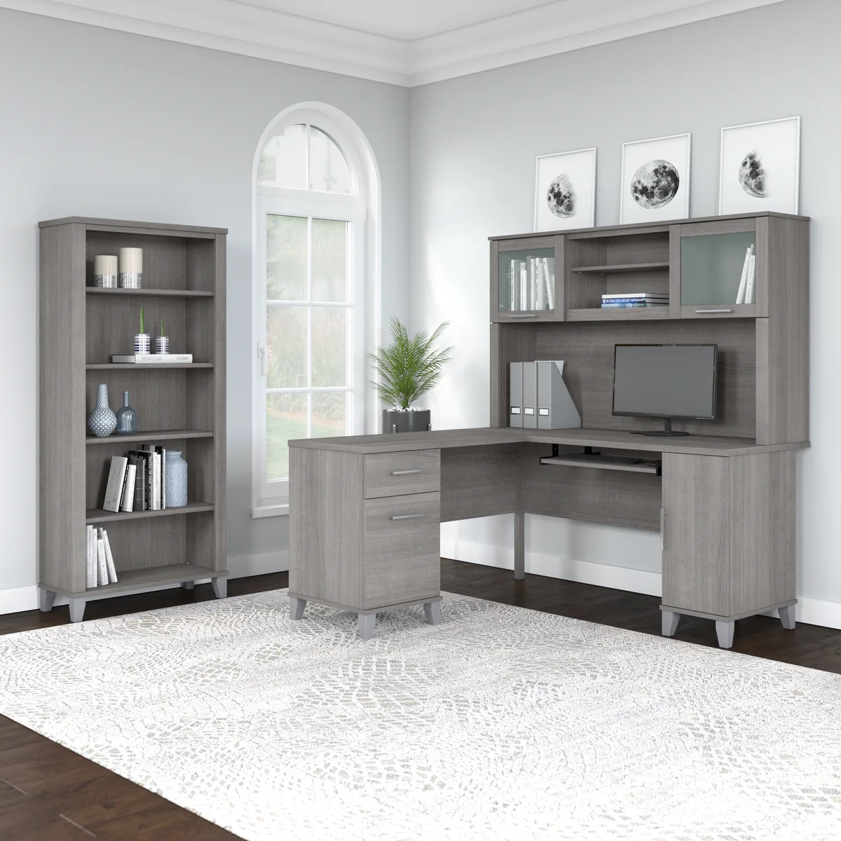 L shaped computer desk with 5 shelf bookcase 60W space view platinum gray
