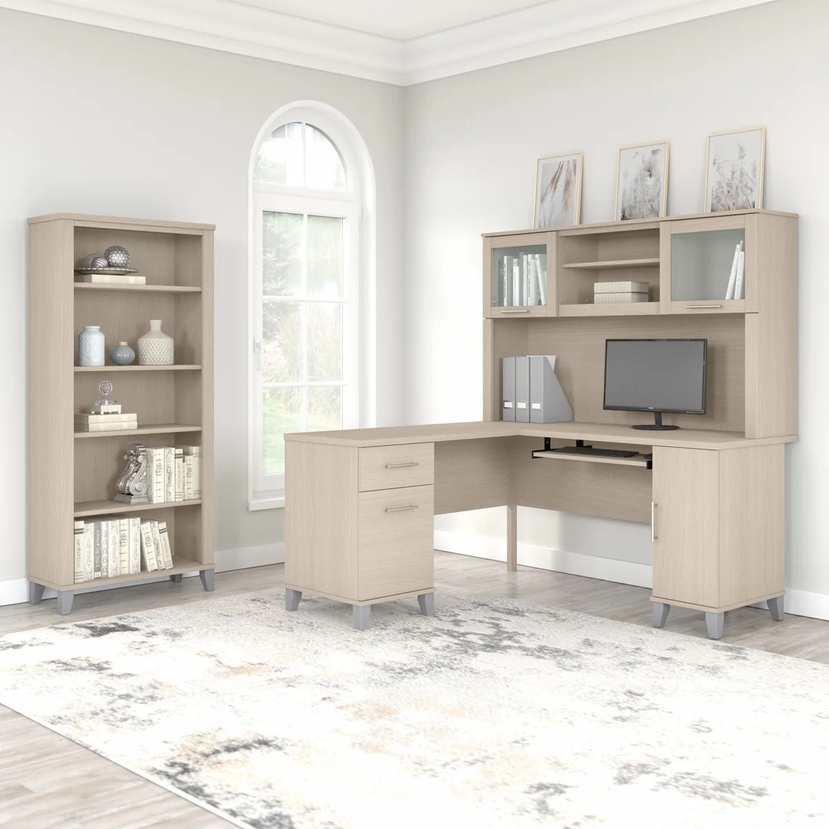 L shaped computer desk with 5 shelf bookcase 60W space view sand oak