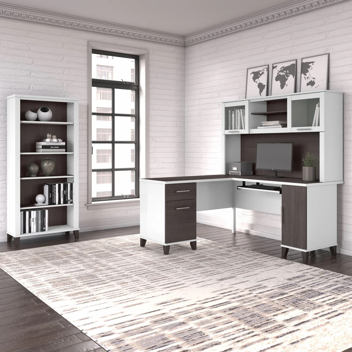 L shaped computer desk with 5 shelf bookcase 60W space view storm gray white