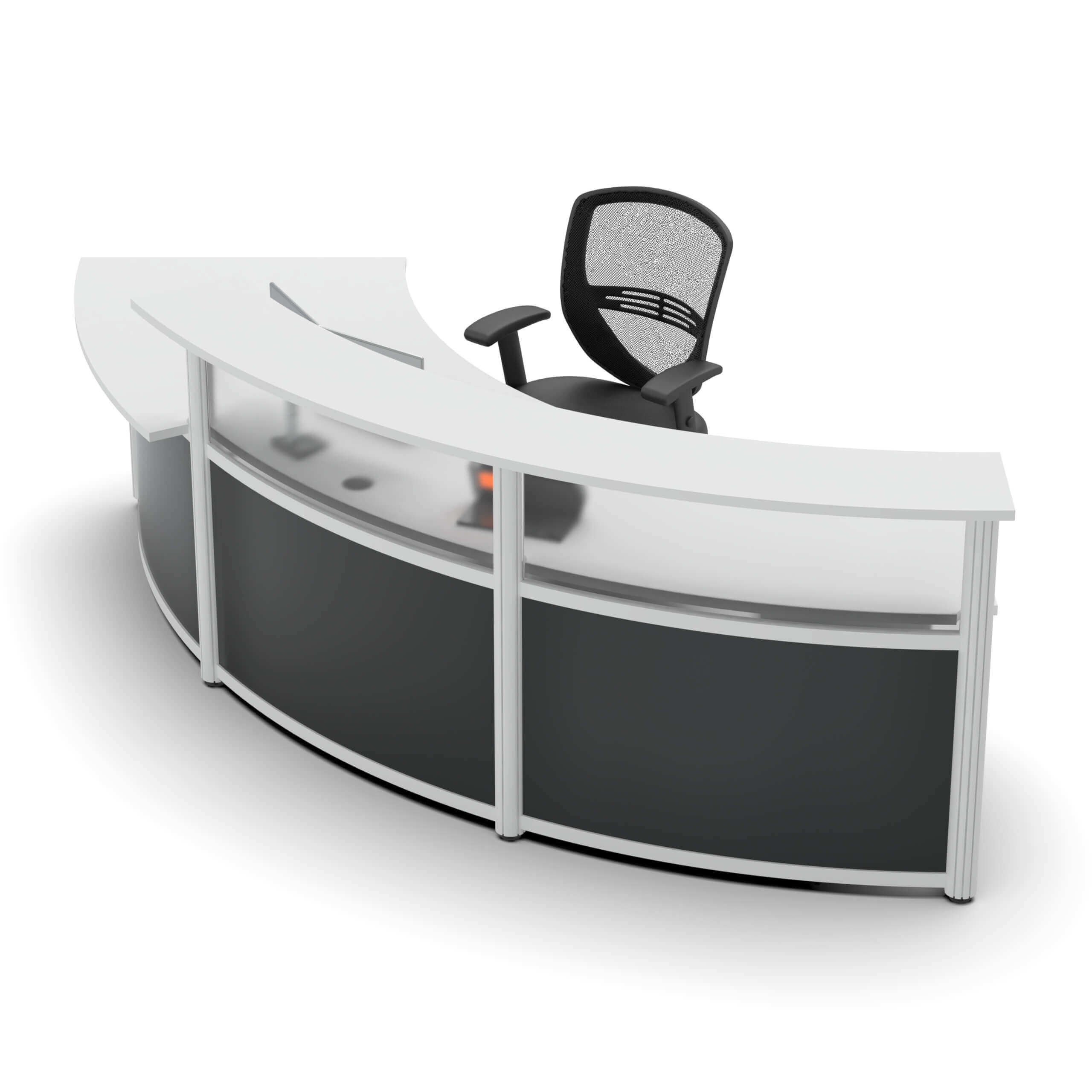 Corner reception desk with fron curve front lateral view