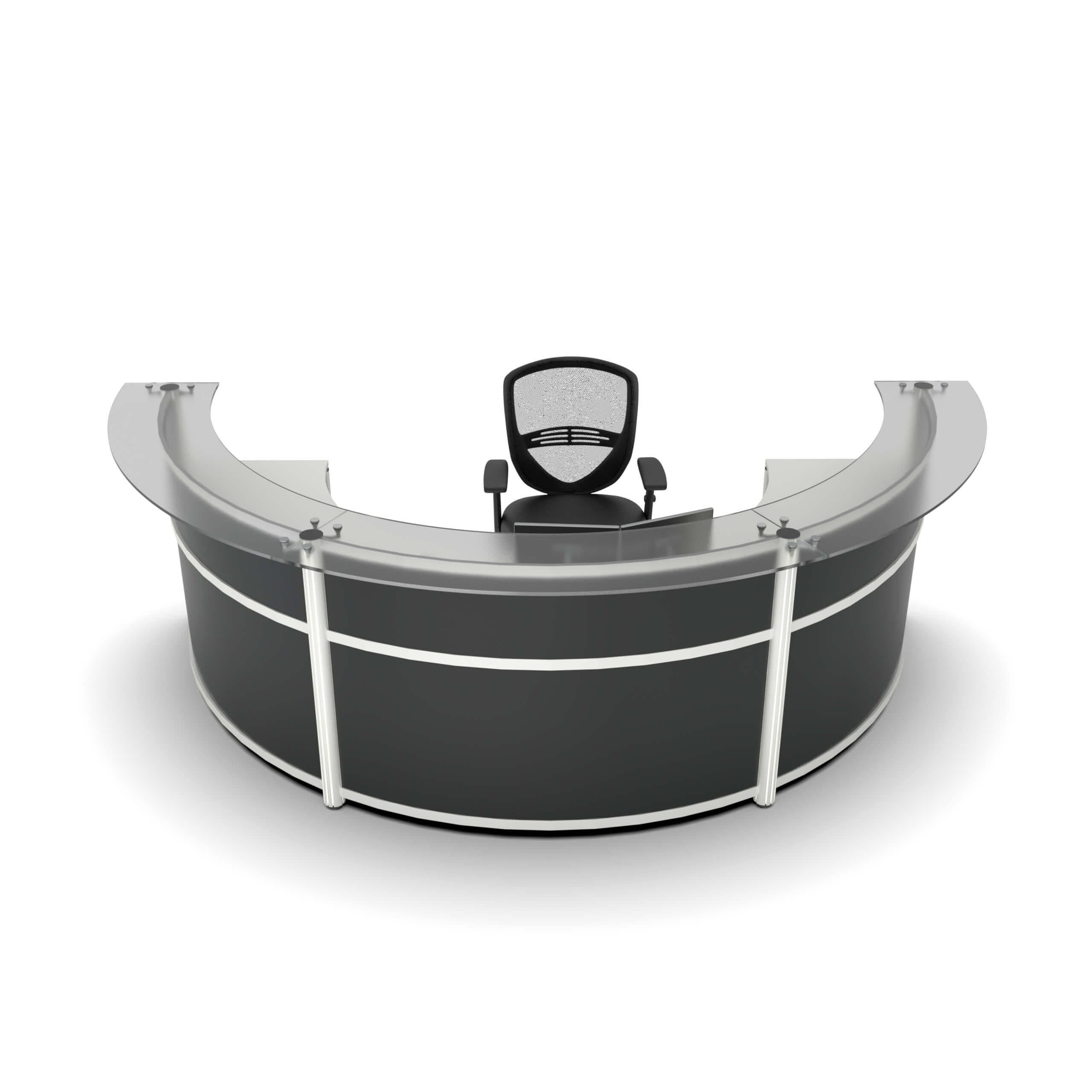 Curve round reception desk with glass transaction top front view