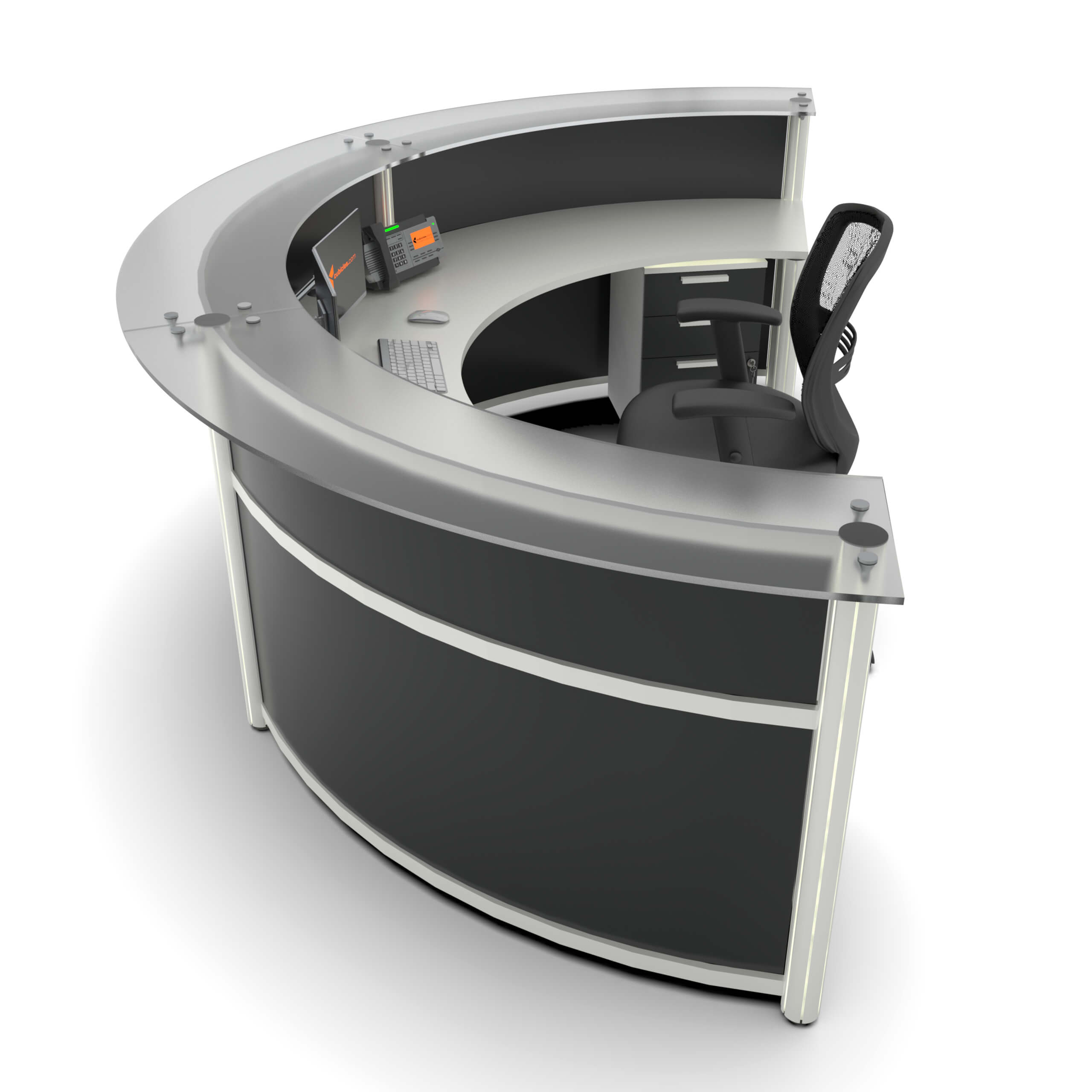 Curve round reception desk with glass transaction top lateral view
