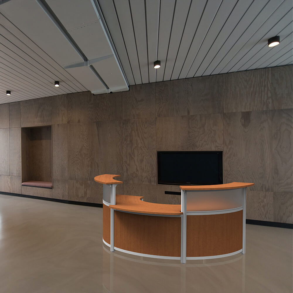 Curved round ada reception desk environment 1