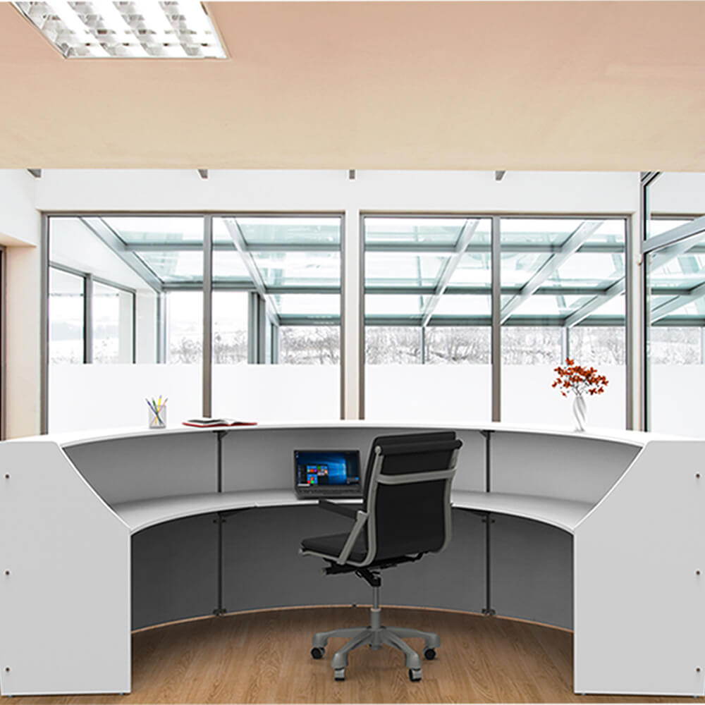 Li1 elegant semi circular reception desk inside environment