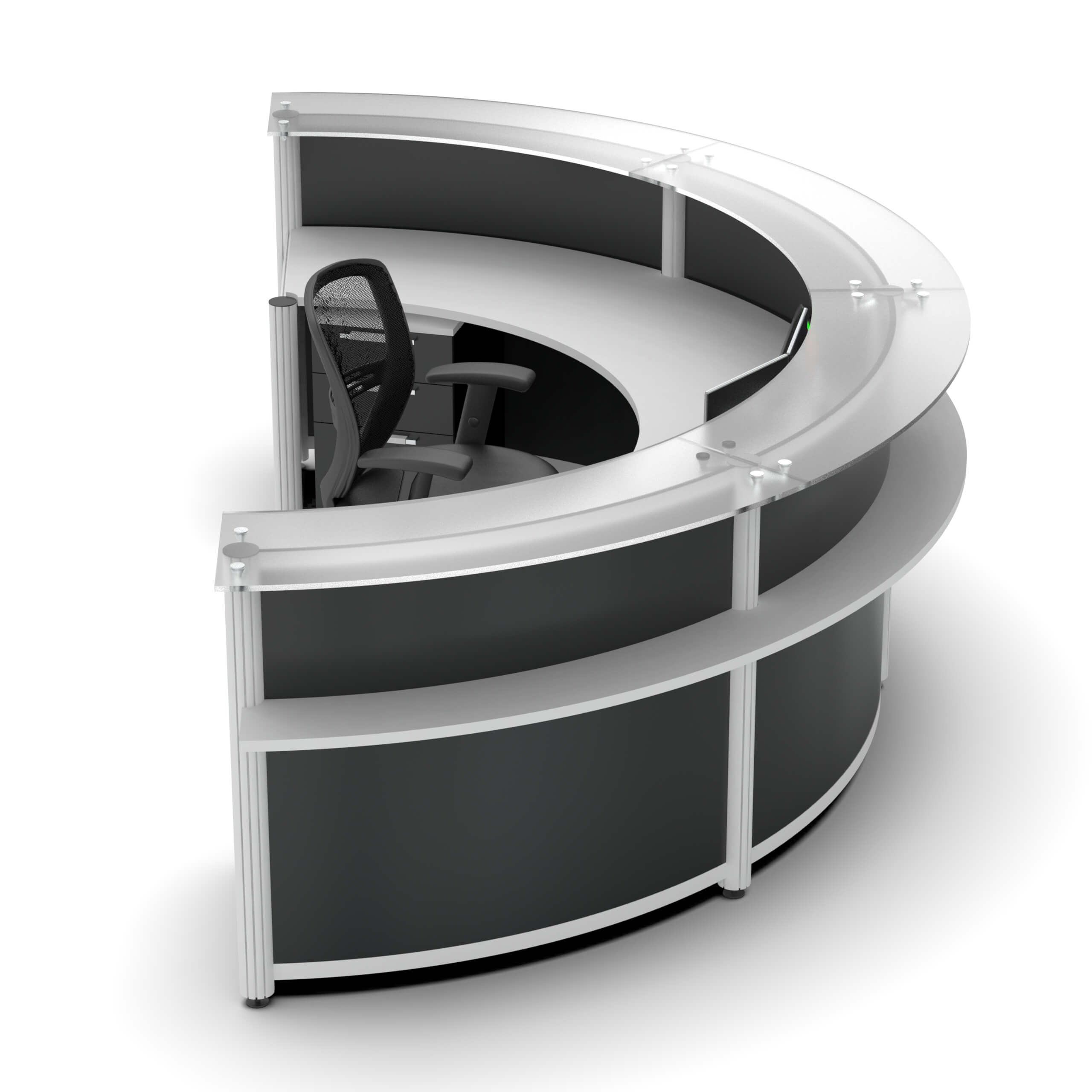 Round reception desk with glass transaction top lateral view