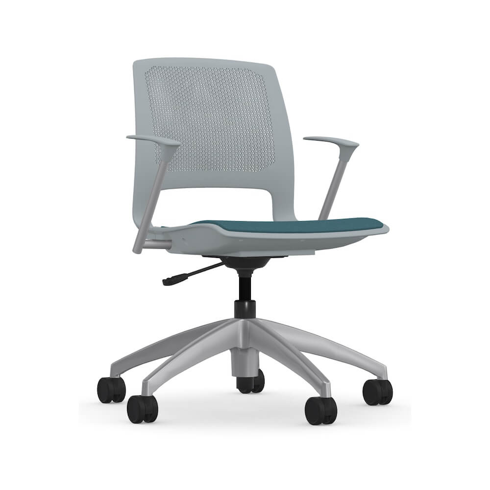 Executive and conference chairs office desk chairs plastic office chair with wheels gray frame and blue fabric angle view