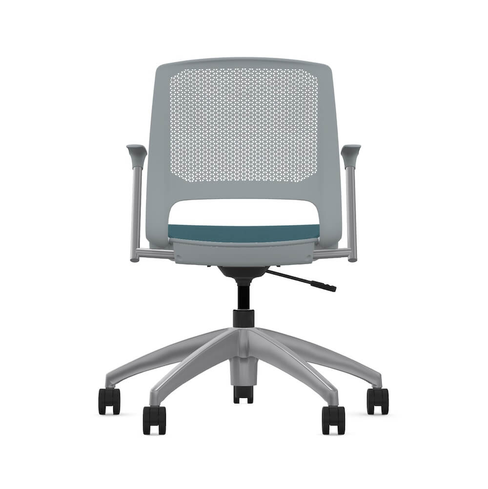 Executive and conference chairs office desk chairs plastic office chair with wheels gray frame and blue fabric back view