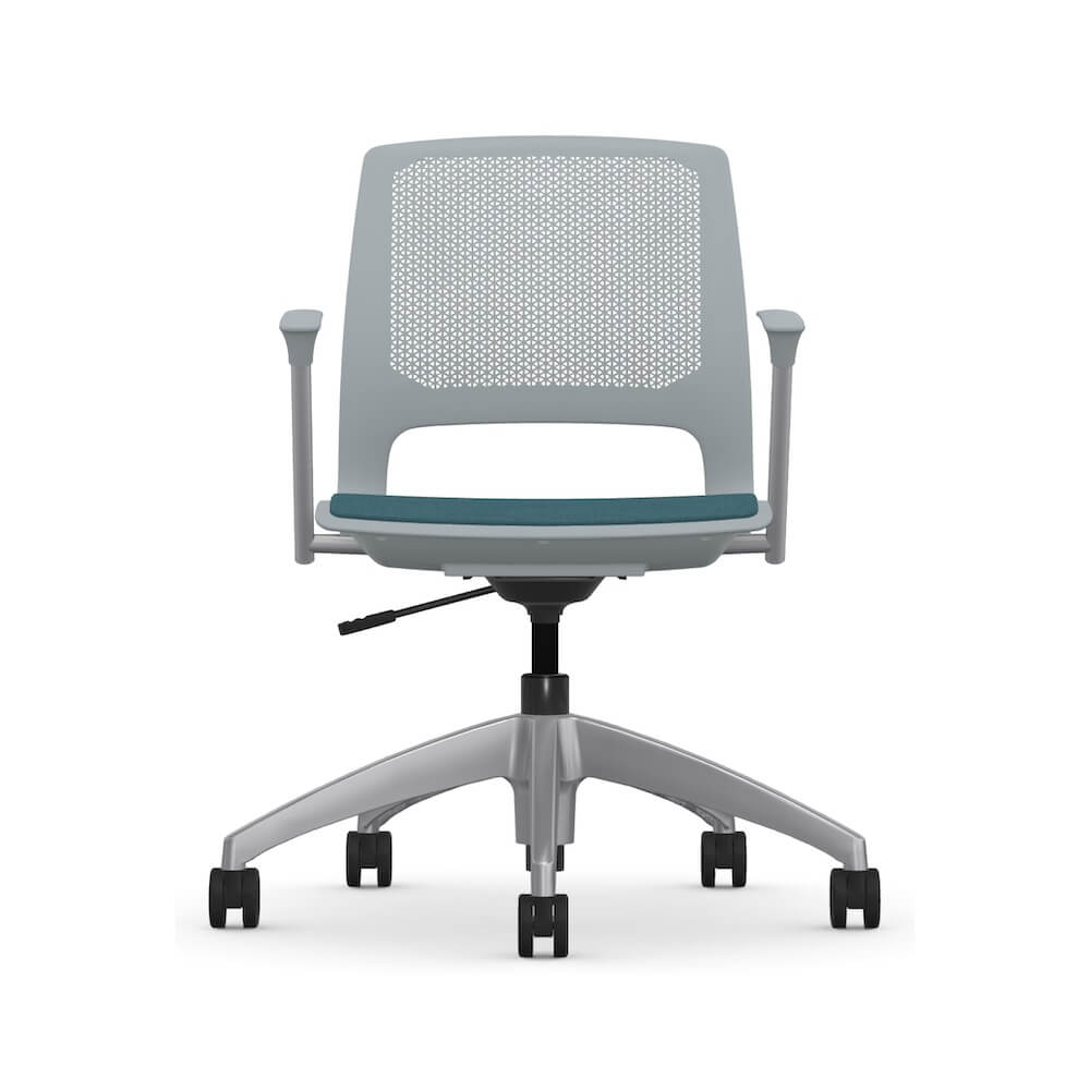Executive and conference chairs office desk chairs plastic office chair with wheels gray frame and blue fabric front view