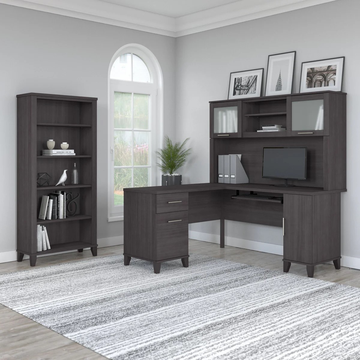 L shaped computer desk with 5 shelf bookcase 60W space view storm gray