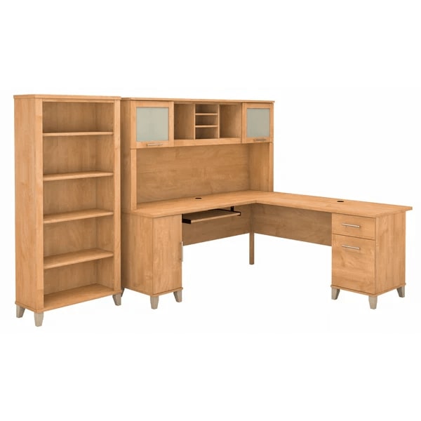 L shaped computer desk with 5 shelf bookcase 72 w highlight maple cross