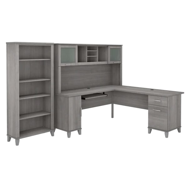L shaped computer desk with 5 shelf bookcase 72 w highlight platinum gray