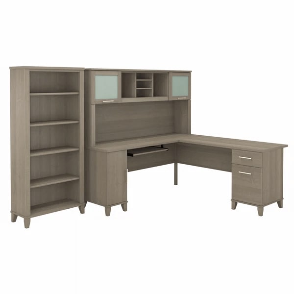 L shaped computer desk with 5 shelf bookcase 72 w highlight view ash gray
