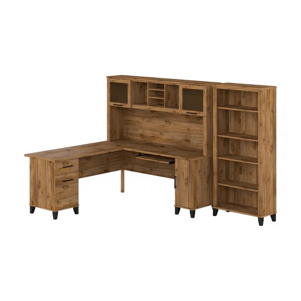 L shaped computer desk with 5 shelf bookcase 72 w highlight view fresh walnut