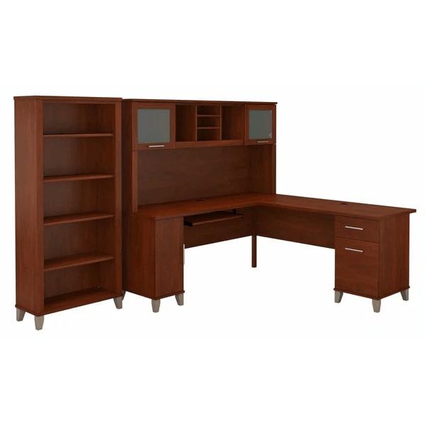 L shaped computer desk with 5 shelf bookcase 72 w highlight view hansen cherry