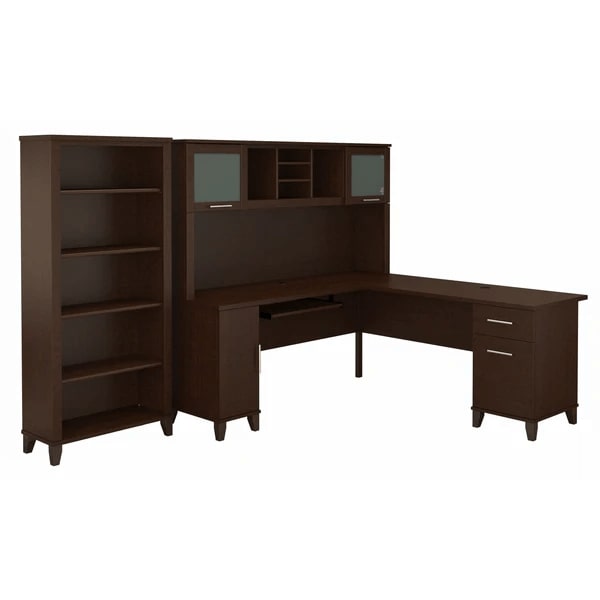 L shaped computer desk with 5 shelf bookcase 72 w highlight view mocha cherry