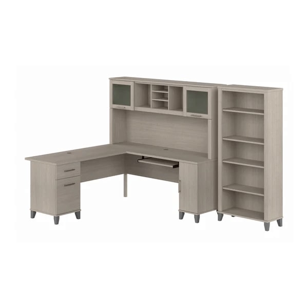 L shaped computer desk with 5 shelf bookcase 72 w highlight view sand oak