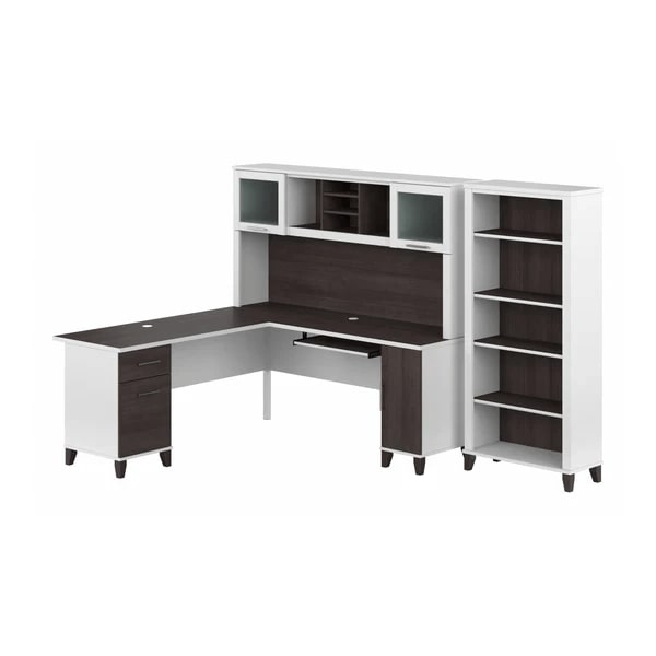 L shaped computer desk with 5 shelf bookcase 72 w highlight view storm gray white
