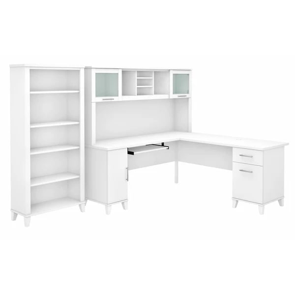 L shaped computer desk with 5 shelf bookcase 72 w highlight view white