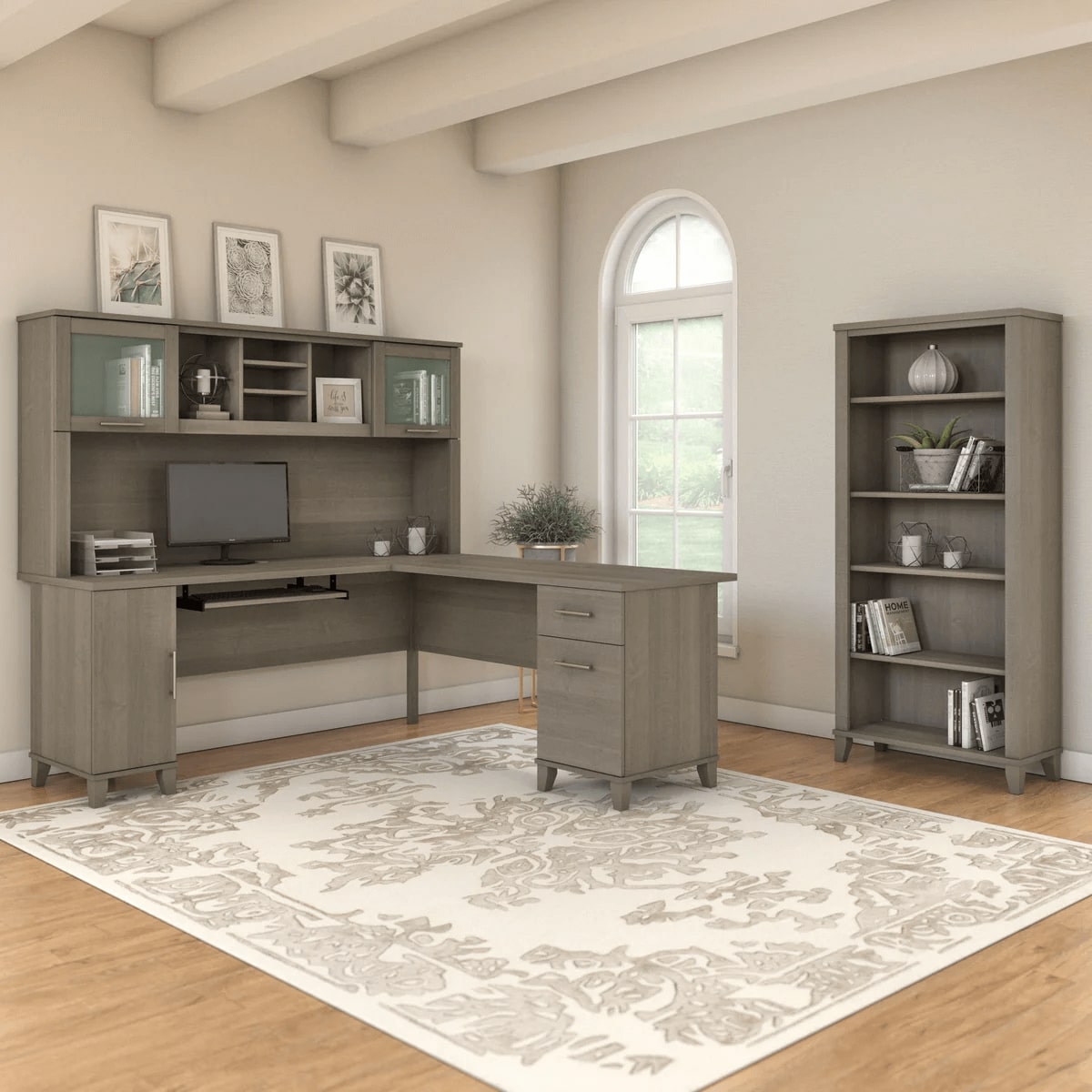 L shaped computer desk with 5 shelf bookcase 72 w space view ash gray