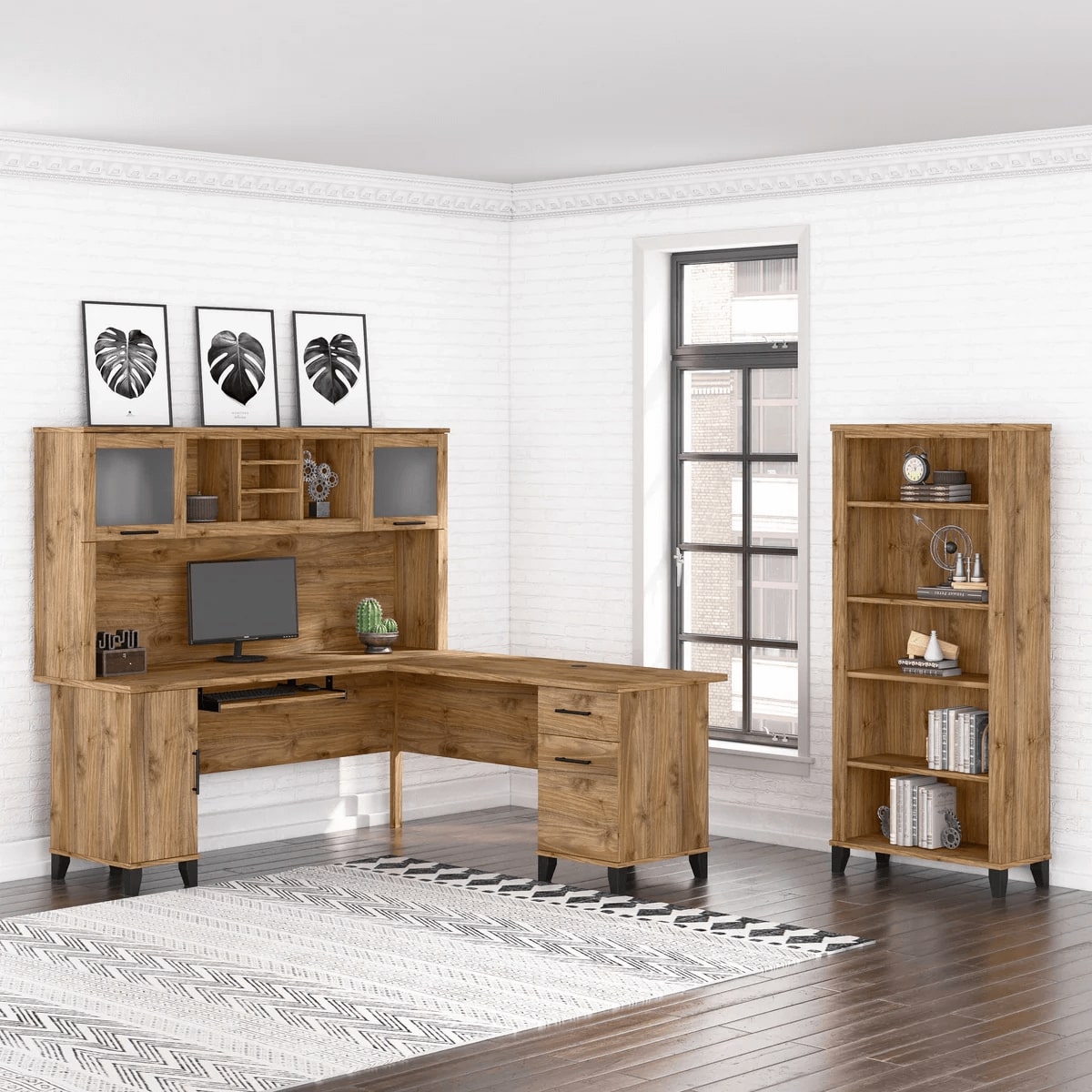 L shaped computer desk with 5 shelf bookcase 72 w space view fresh walnut