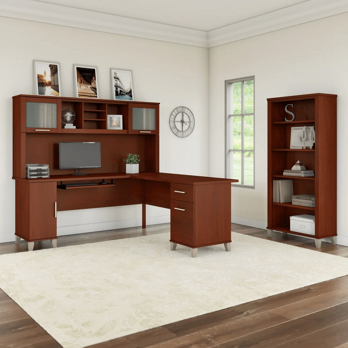 L shaped computer desk with 5 shelf bookcase 72 w space view hansen cherry