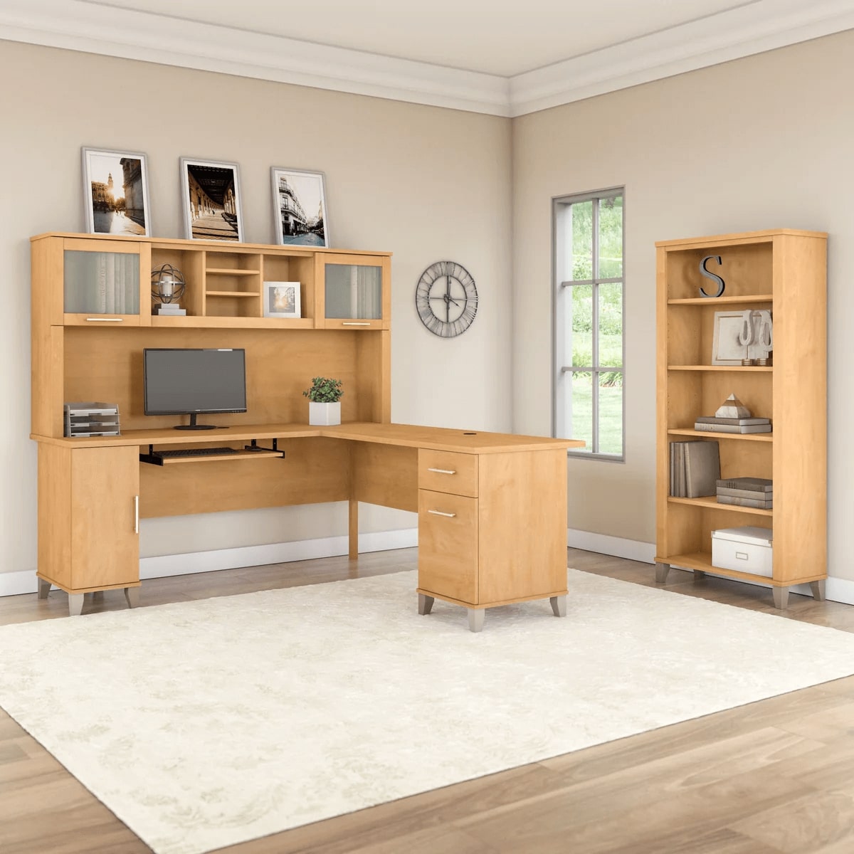 L shaped computer desk with 5 shelf bookcase 72 w space view maple cross