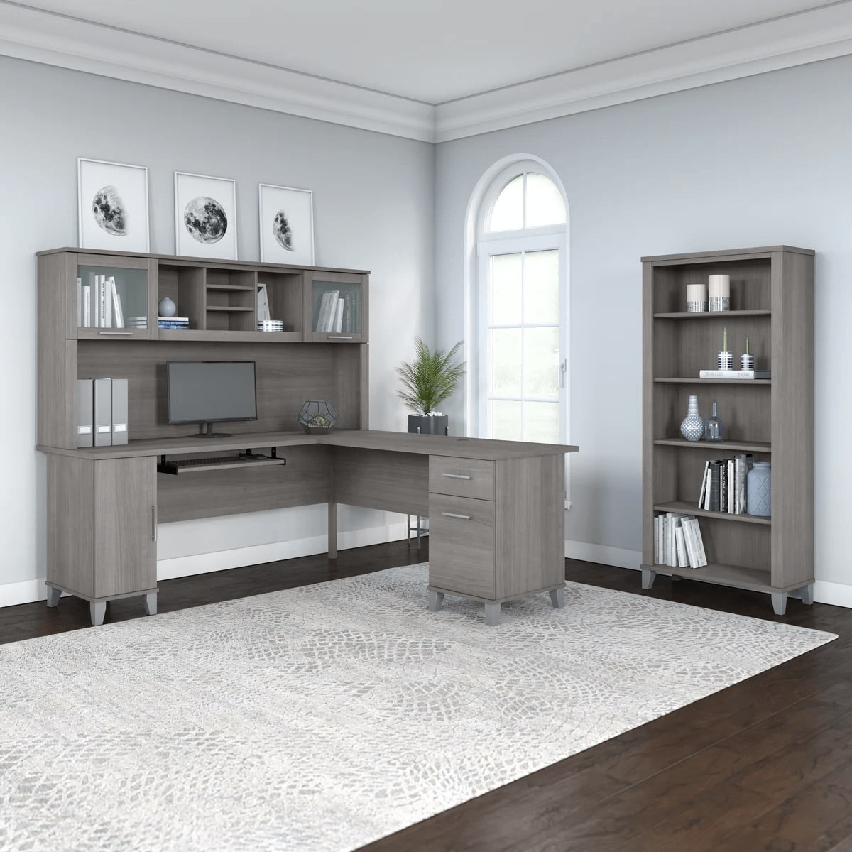 L shaped computer desk with 5 shelf bookcase 72 w space view platinum gray
