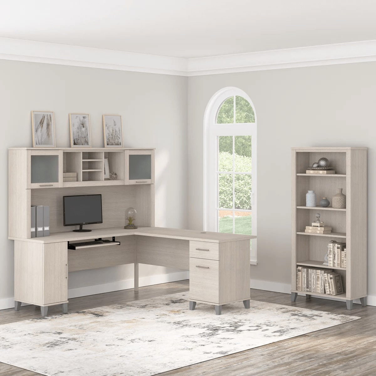L shaped computer desk with 5 shelf bookcase 72 w space view sand oak