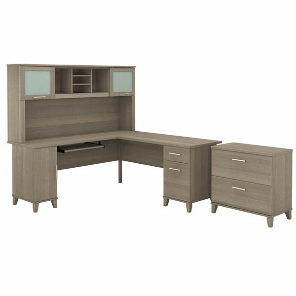 L shaped computer desk with traditional file cabinet 72 w highlight ash gray