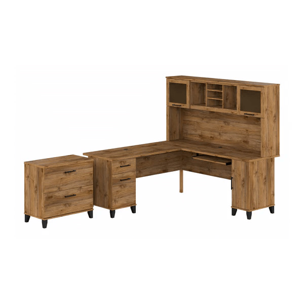 L shaped computer desk with traditional file cabinet 72 w highlight fresh walnut