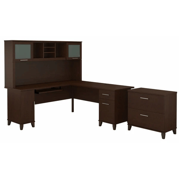 L shaped computer desk with traditional file cabinet 72 w highlight mocha cherry