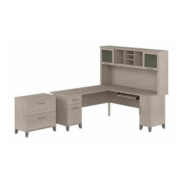 L shaped computer desk with traditional file cabinet 72 w highlight sand oak