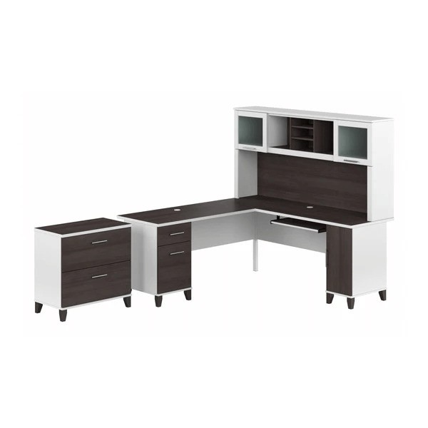 L shaped computer desk with traditional file cabinet 72 w highlight storm gray white